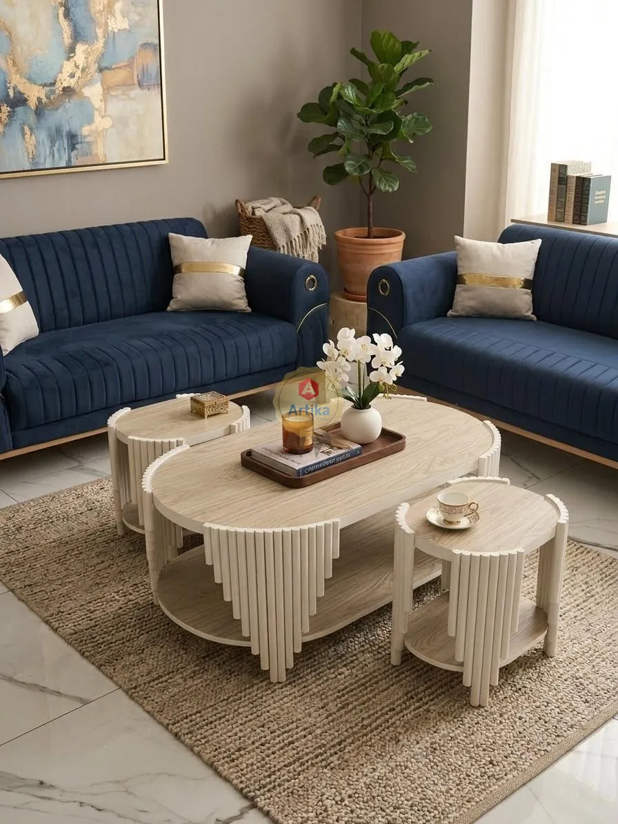 طقم طاولات ضيافة بيضاوية بتصميم "بانل" خشبي مودرن