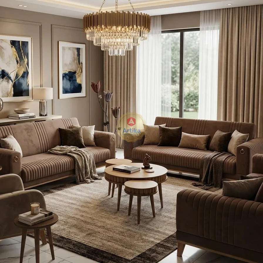 طقم كنب المخملي بتفاصيل مضلعة