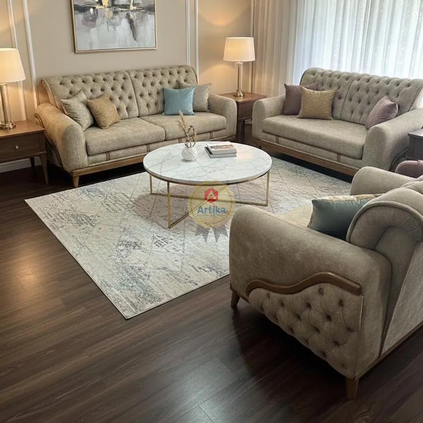 طقم كنب بتفاصيل خشبية منحوتة وكابيتونيه