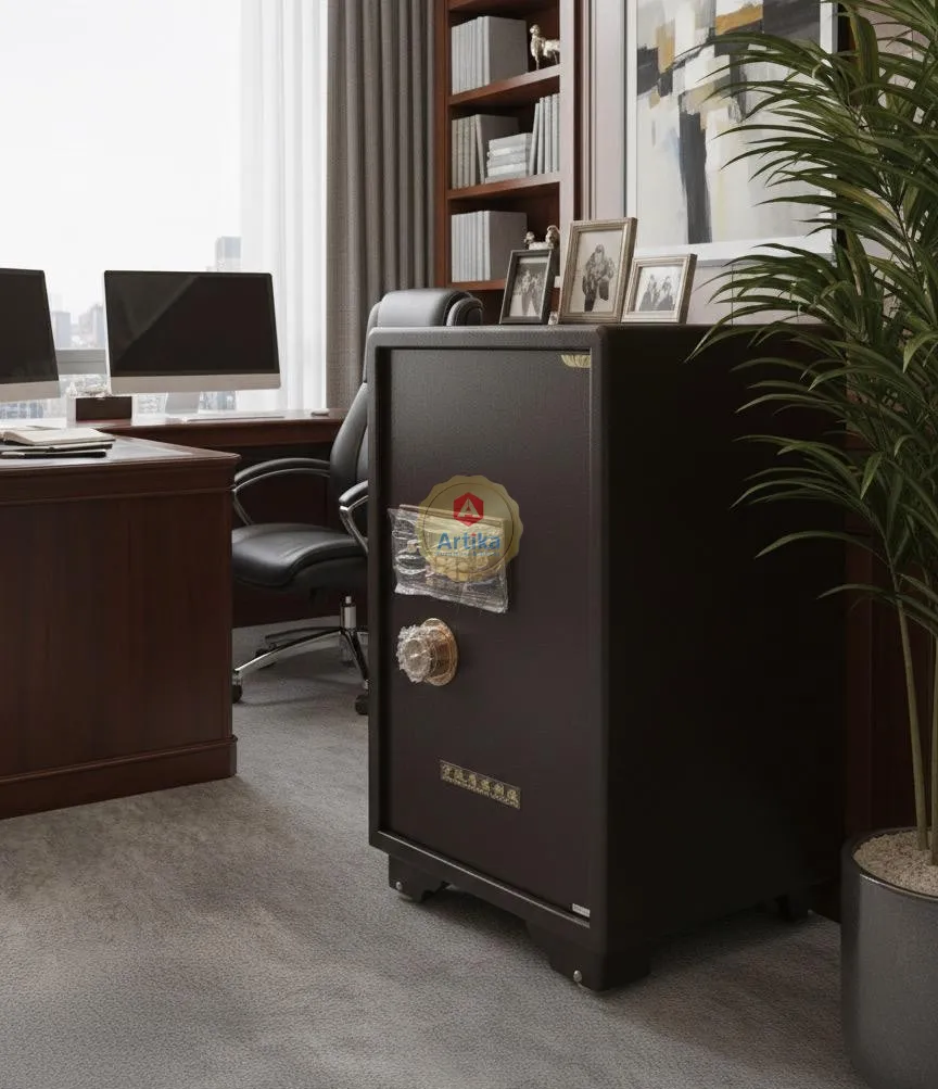 خزنة مكتبية فولاذية بنظام قفل رقمي ولمسات ذهبية