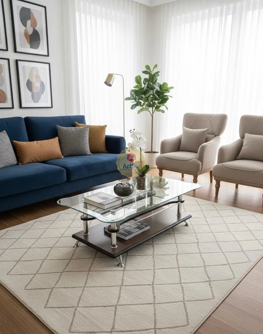 طاولة ضيافة بطبقتين من الزجاج والخشب مع قوائم معدنية