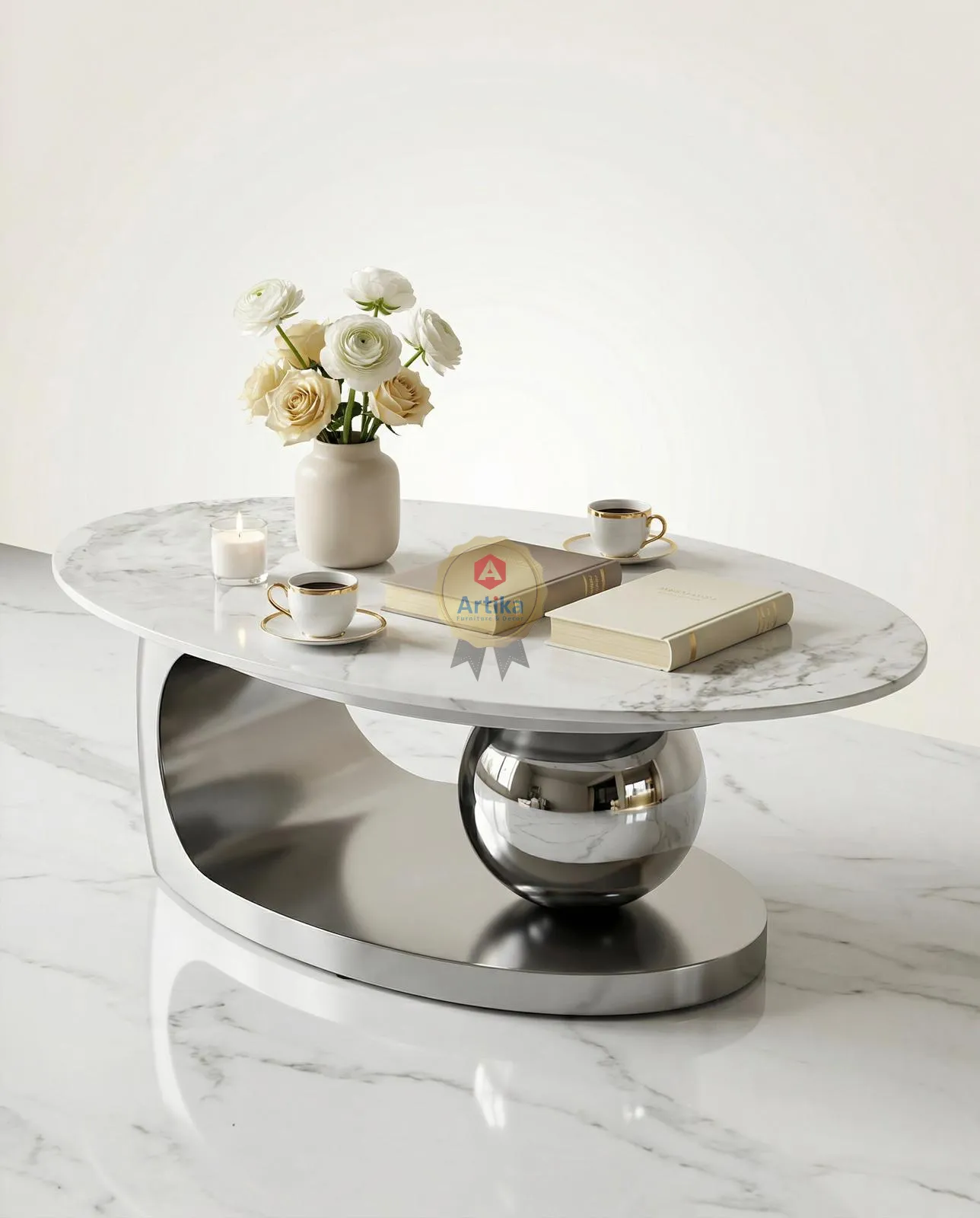 طاولة ضيافة رخامية بتصميم تجريدي وقاعدة معدنية كروية