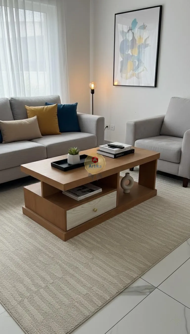 طاولة ضيافة خشبية هندسية مع وحدة تخزين متباينة