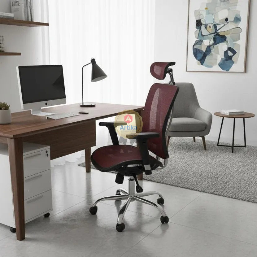 كرسي مكتب شبكي باللون العنابي وقاعدة كروم