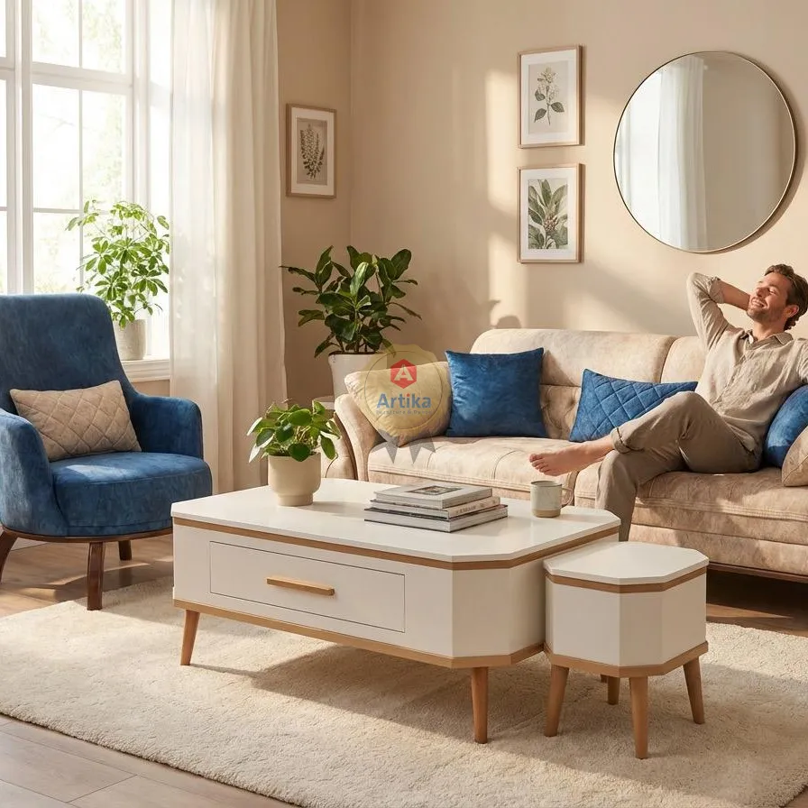 طقم كنب "أزور" العصري بتوليفة الكريمي والأزرق