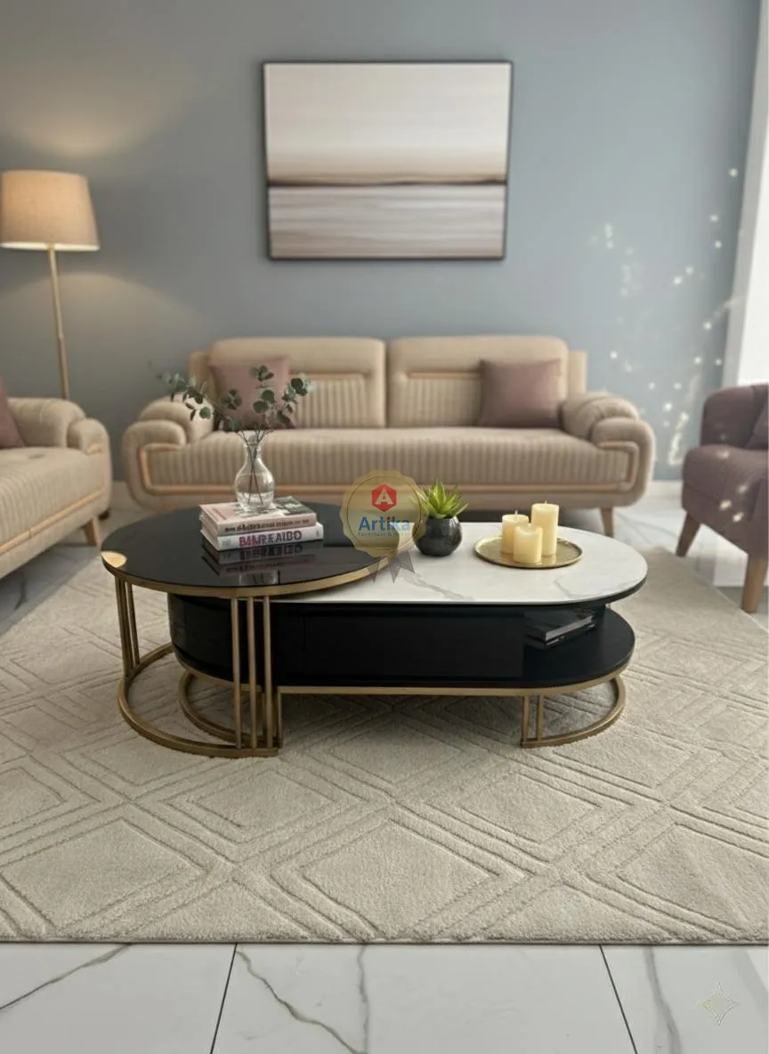 طاولة متداخلة بتصميم عصري من الرخام والزجاج